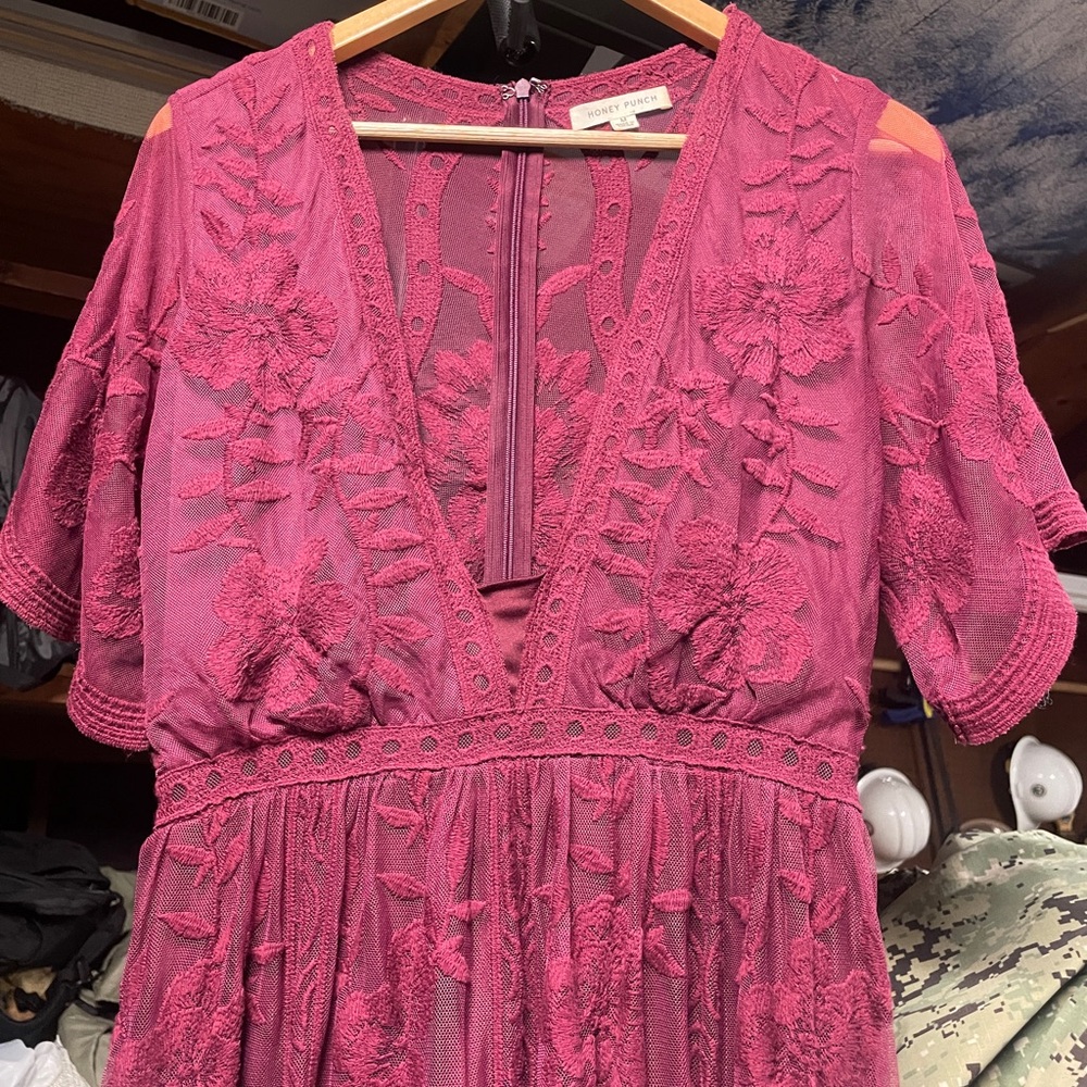 Honey Punch Floral Lace Dress in Merlot